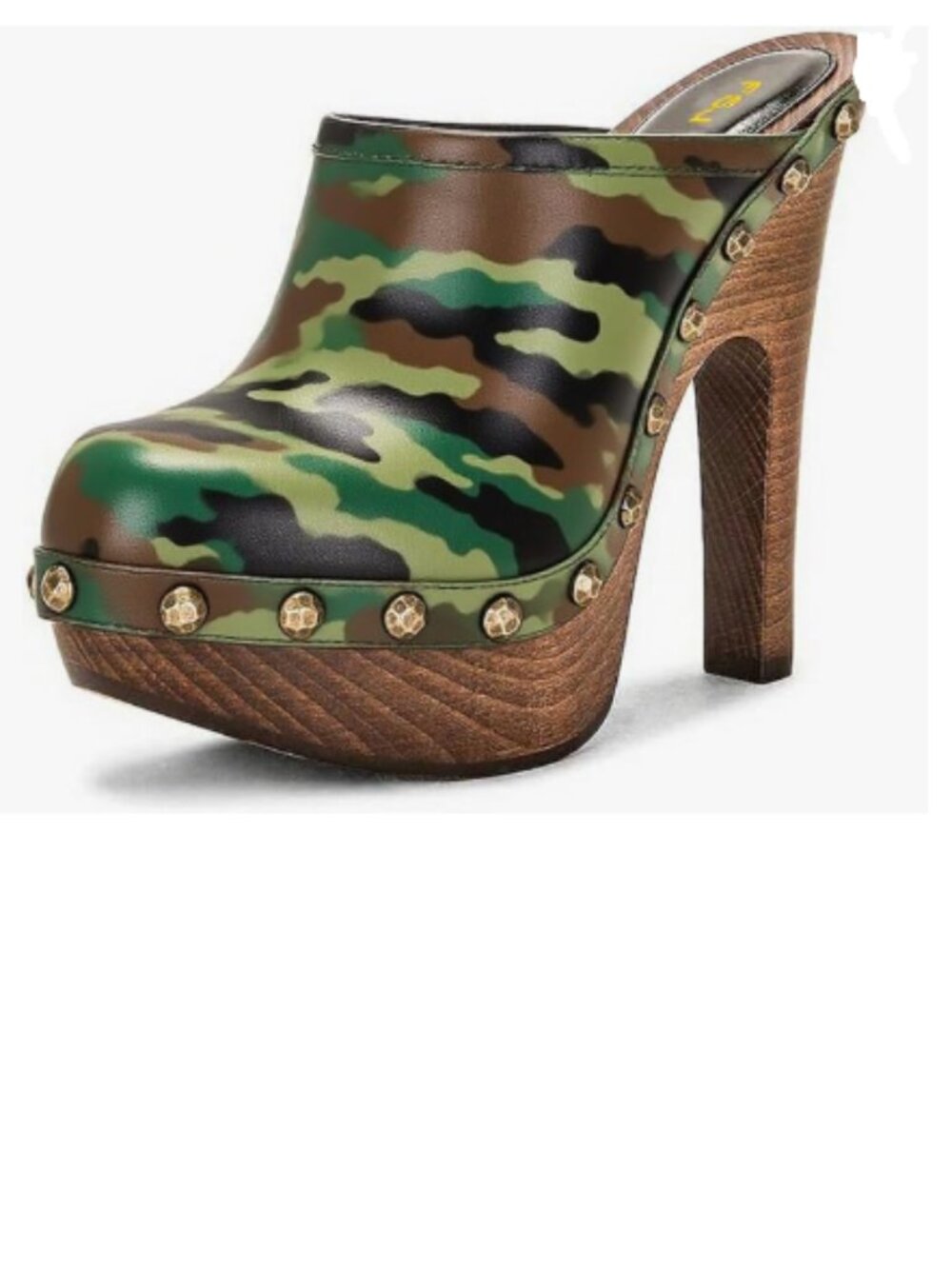 FSJ Camouflage Round Toe Wooden Block High Heel Clogs Slip On Studded Mules